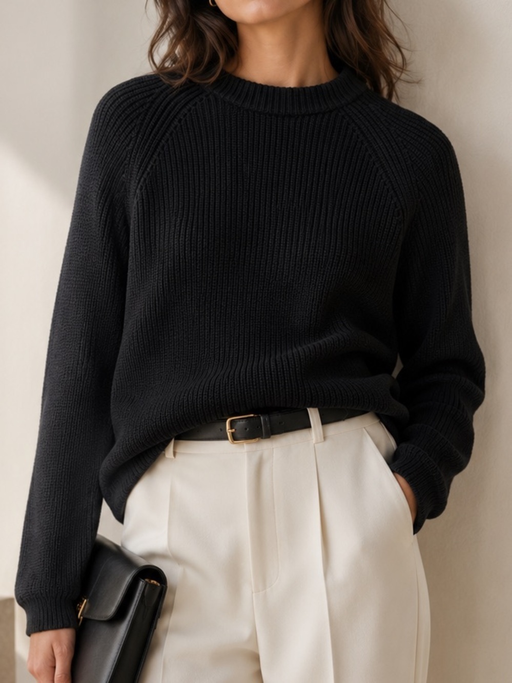 Pura Cashmere Supima Cotton Sweater Size Small Black Ribbed Crewneck Fisherman